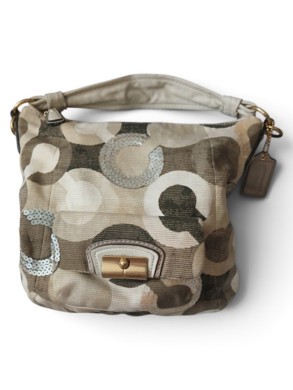 Coach Neutral Signature Sequin Shoulder Bag in Beige and Tan